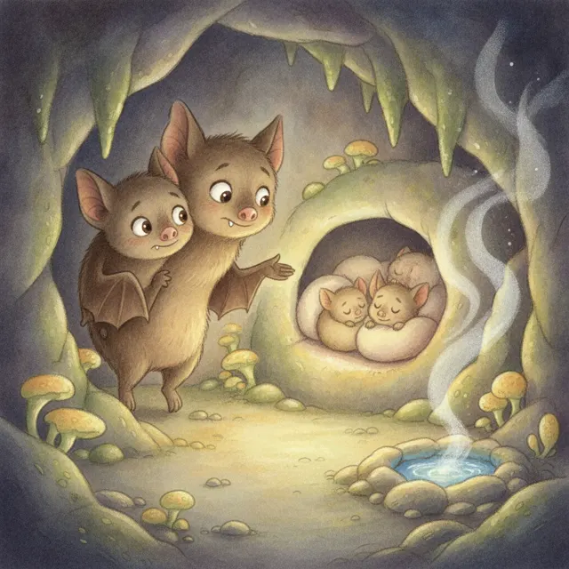 The Little Bat's Dark Cave story for kids illustration