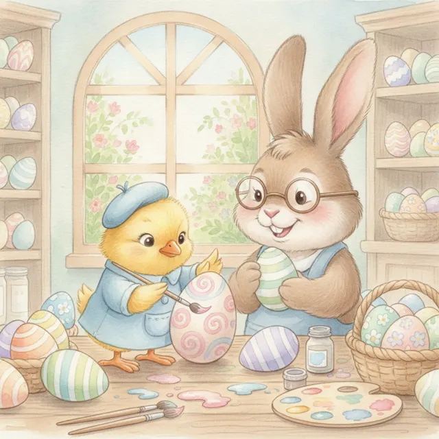 The Little Chick Who Painted Eggs story for kids illustration
