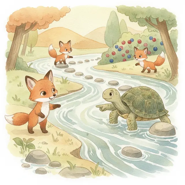 The Little Fox and the Wide River story for kids illustration