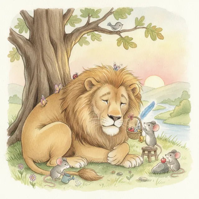 The Little Mouse and the Tired Old Lion story for kids illustration