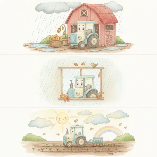 The Little Tractor's Rainy Day story for kids illustration
