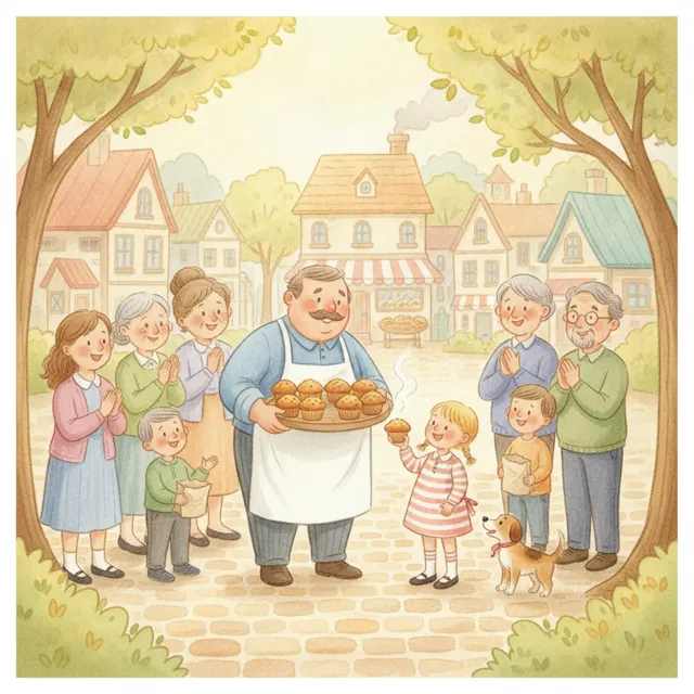 The Muffin Man Shares His Tray story for kids illustration