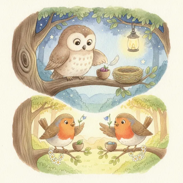 The Night Owl and the Morning Bird story for kids illustration