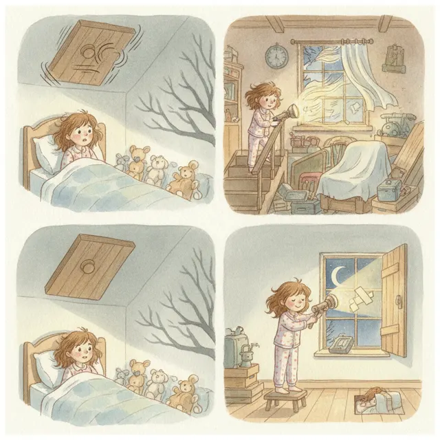 The Noisy Attic Door story for kids illustration