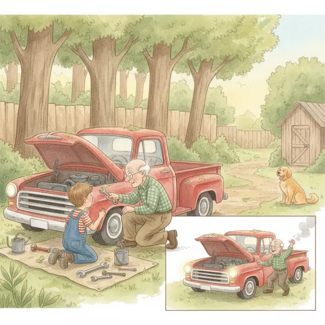The Old Red Truck Runs Again story for kids illustration