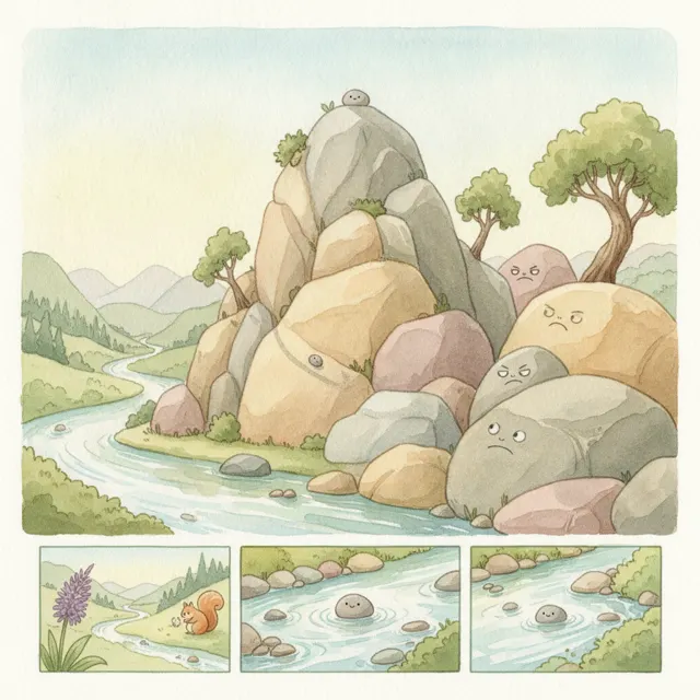 The Pebble Who Rolled to the River story for kids illustration