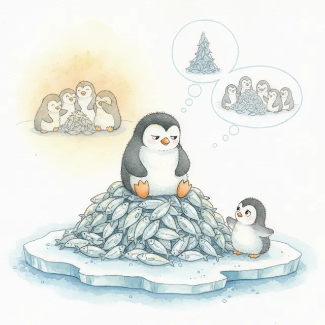 The Penguin Who Shared His Fish story for kids illustration