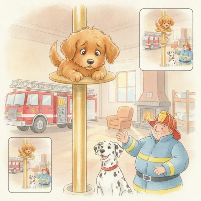 The Puppy and the Fire Pole story for kids illustration