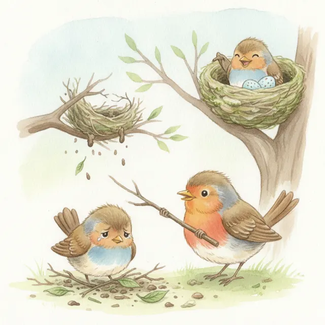 The Robin Who Built Her First Nest story for kids illustration