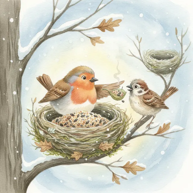 The Robin Who Shared Her Seeds story for kids illustration