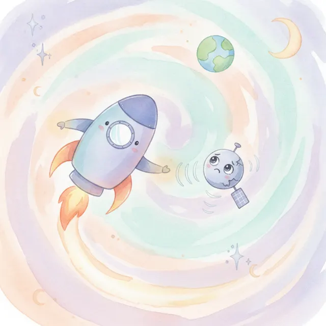 The Rocket and the Lost Satellite story for kids illustration