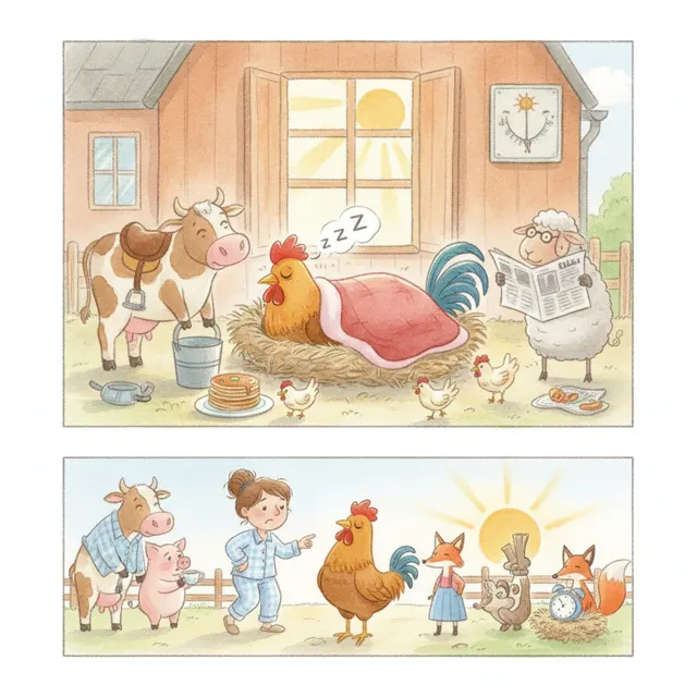 The Rooster Who Woke Up Late story for kids illustration