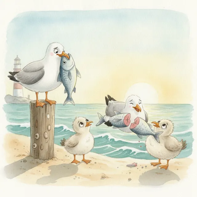 The Seagull Who Shared His Fish story for kids illustration
