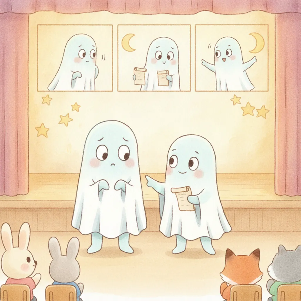 The Shy Ghost at the School Play story for kids illustration