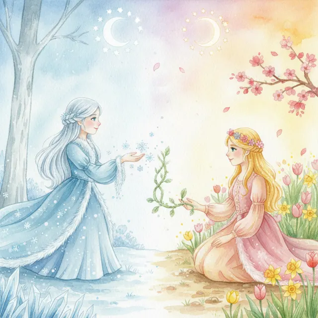 The Sisters of Winter and Spring story for kids illustration