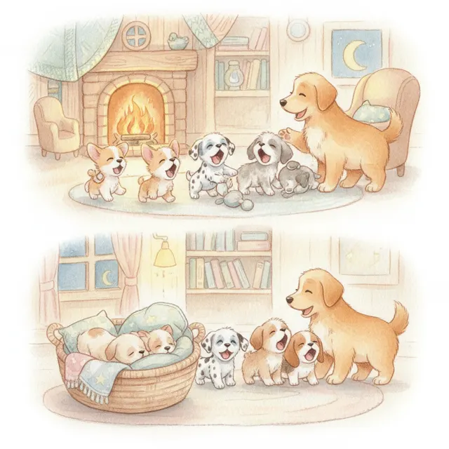 The Sleepy Puppy Parade story for kids illustration