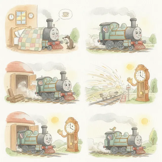 The Sleepy Train Wakes Up story for kids illustration