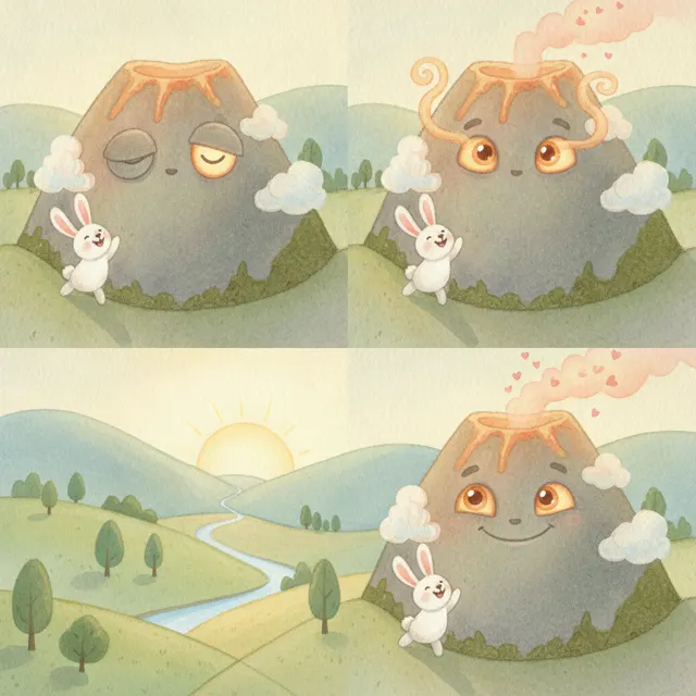 The Sleepy Volcano Wakes Up story for kids illustration