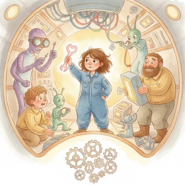 The Spaceship Crew Who Fixed Things Together story for kids illustration