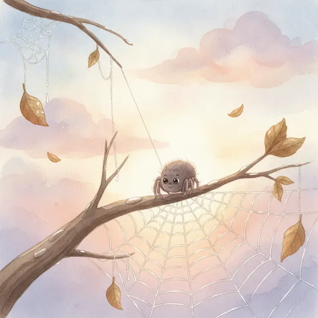 The Spider Who Rebuilt Her Web story for kids illustration