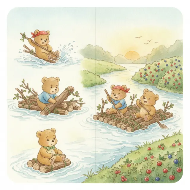 The Three Bears Build a Raft story for kids illustration