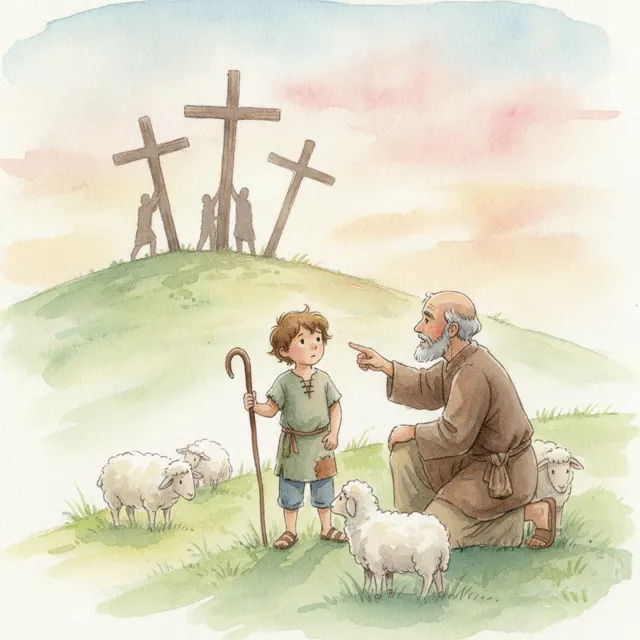The Three Crosses on the Hill story for kids illustration