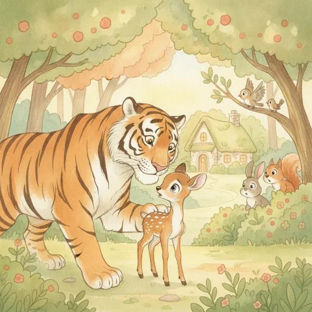 The Tiger Who Helped a Lost Fawn story for kids illustration