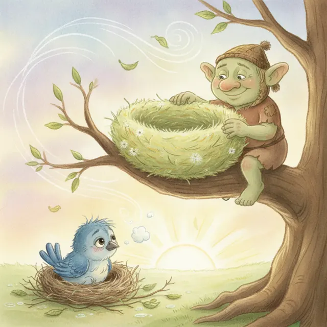 The Troll Who Built a Soft Nest story for kids illustration