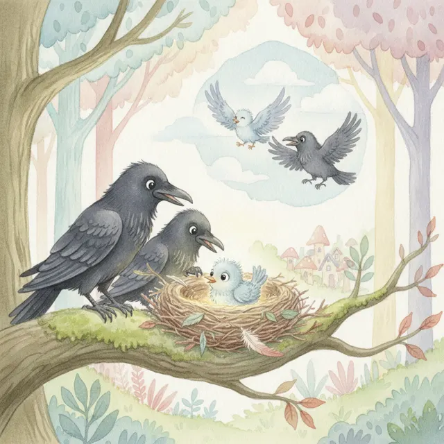 The Two Ravens Find a Home story for kids illustration