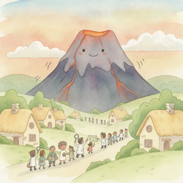 The Volcano and the Little Village story for kids illustration