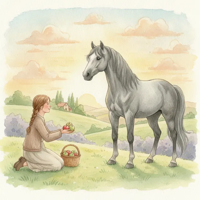 The Wild Horse and the Girl with Apples story for kids illustration