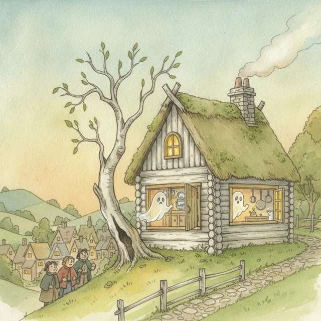 The Witch and the Sad Little Ghost story for kids illustration