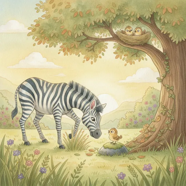 The Zebra Who Helped a Baby Bird story for kids illustration