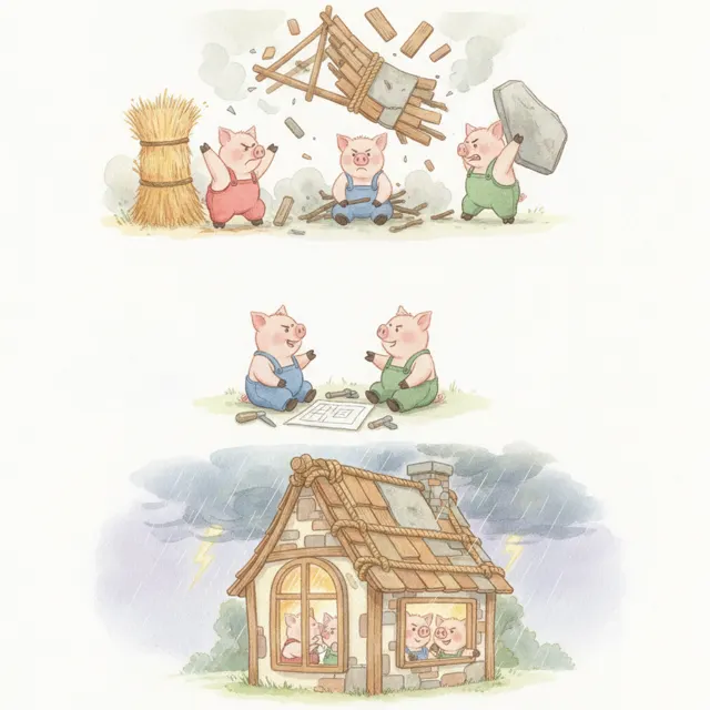 Three Pigs, One Strong Roof story for kids illustration