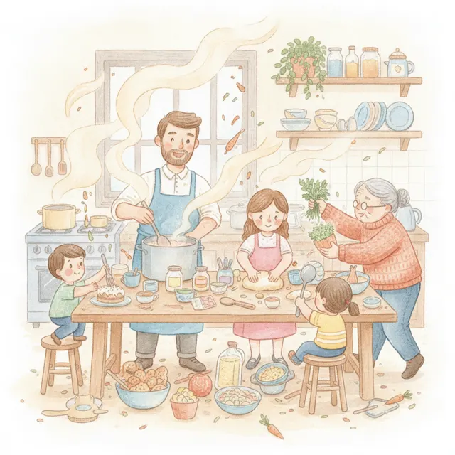 Too Many Cooks story for kids illustration