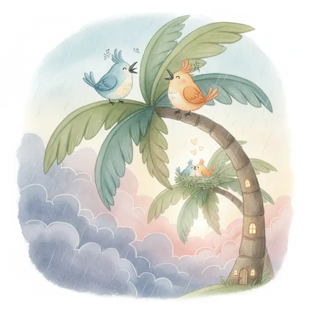 Two Birds, One Palm Tree story for kids illustration