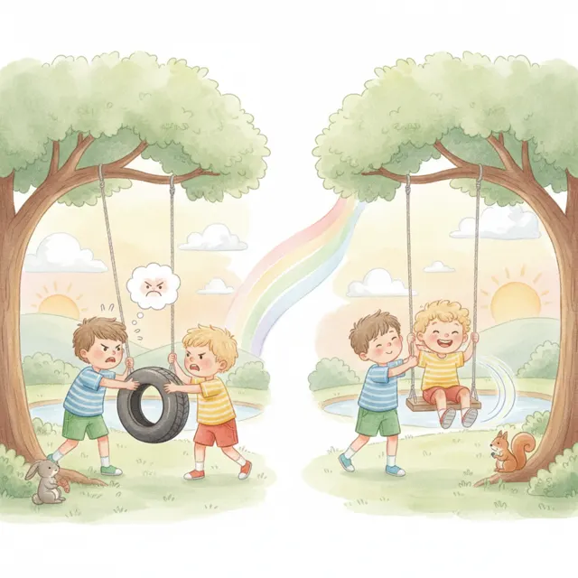 Two Boys and One Swing story for kids illustration