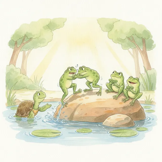Two Frogs and One Rock story for kids illustration