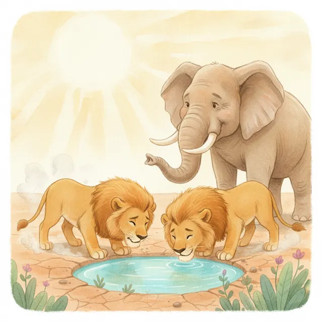 Two Lions, One Water Hole story for kids illustration