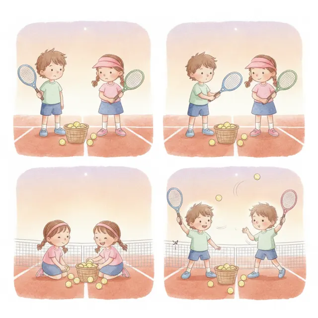 Two Rackets and One Basket of Balls story for kids illustration