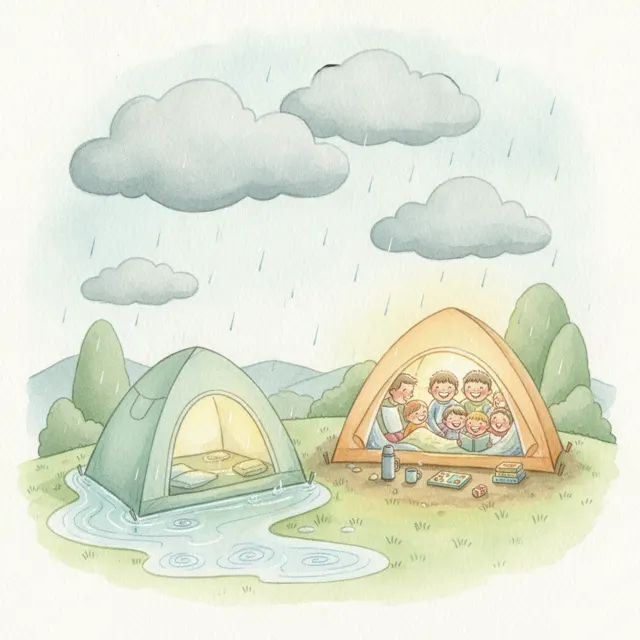 Two Tents and One Rainstorm story for kids illustration