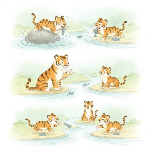 Two Tiger Brothers Share the River story for kids illustration