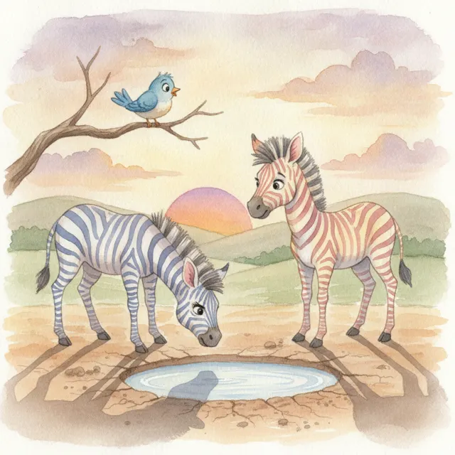 Two Zebras and One Puddle story for kids illustration