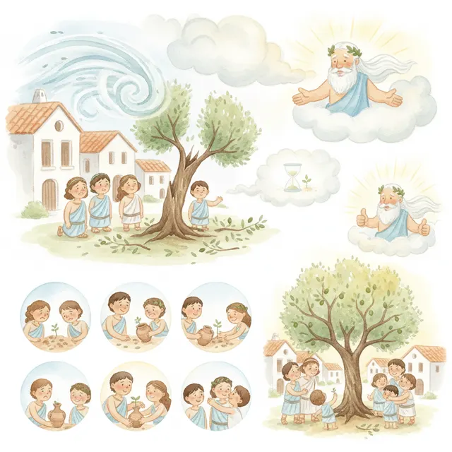 Zeus and the Broken Olive Tree story for kids illustration